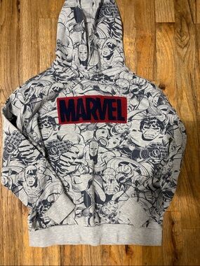 Marvel Gray All-Over Hero Print Hoodie with Red Logo Patch